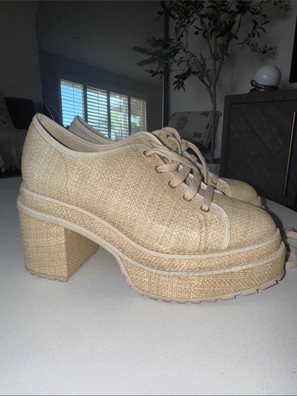 cult gaia Natural Woven Platform Lace-Up Heels